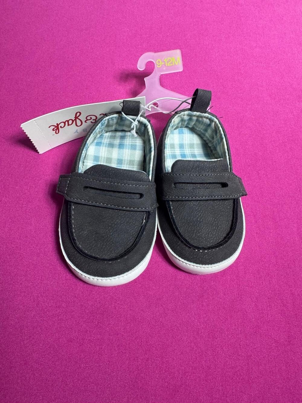 Cat & Jack Baby Boat Shoes – Black Plaid Lined Soft Sole Infant Size 9-12 M
